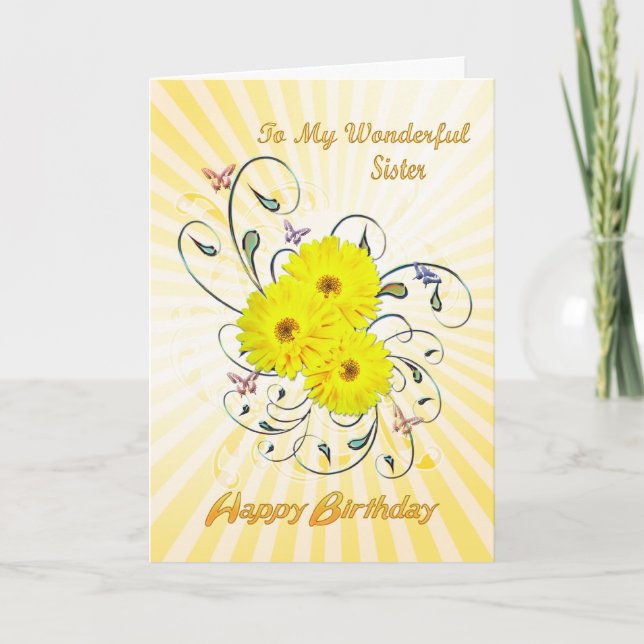 For Sister, birthday card with yellow flowers (Front)