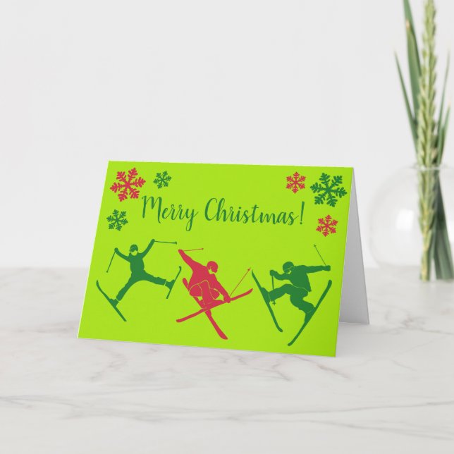 For Skiers Ski Tricks Graphics Red and Green Holiday Card (Front)
