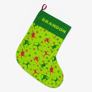 For Skiers Ski Tricks Pattern Lime Green Large Christmas Stocking