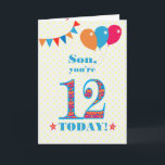 For Son 12th Birthday Bunting Balloons Card<br><div class="desc">A colourful birthday card for an 12-year-old son, The large number 12 is filled with an orange, red and blue pattern, outlined in bright blue. There are balloons and bunting at the top, in matching colours and the front cover greeting is, 'Son, you're 12 today!' in bright red and blue...</div>