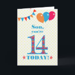 For Son 14th Birthday Bunting Balloons Card<br><div class="desc">A colourful birthday card for an 14-year-old son, The large number 14 is filled with an orange, red and blue pattern, outlined in bright blue. There are balloons and bunting at the top, in matching colours and the front cover greeting is, 'Son, you're 14 today!' in bright red and blue...</div>