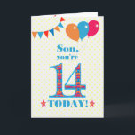 For Son 14th Birthday Bunting Balloons Card<br><div class="desc">A colourful birthday card for an 14-year-old son, The large number 14 is filled with an orange, red and blue pattern, outlined in bright blue. There are balloons and bunting at the top, in matching colours and the front cover greeting is, 'Son, you're 14 today!' in bright red and blue...</div>