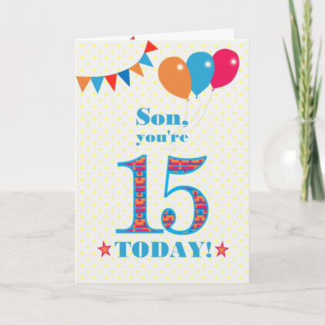 For Son 15th Birthday Bunting Balloons Card (Front)