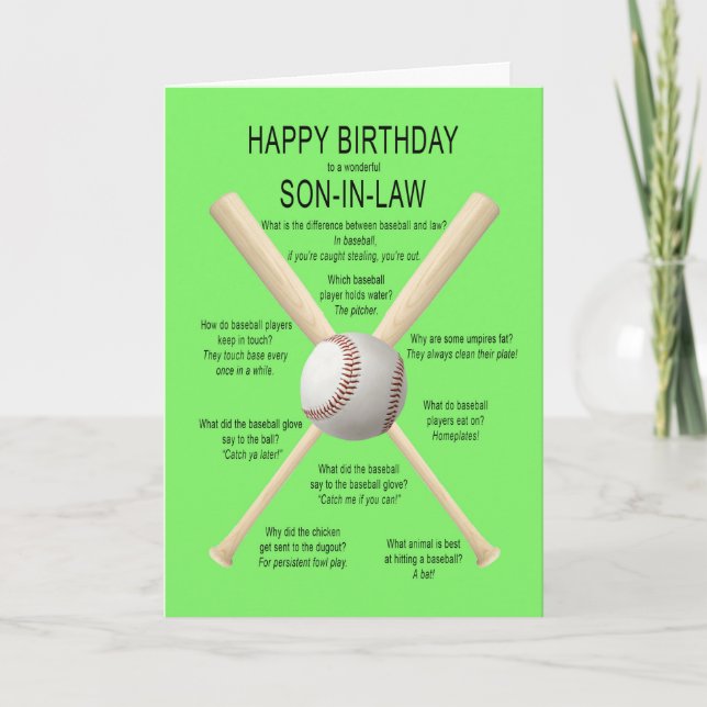 For son-in-law, birthday baseball jokes card (Front)