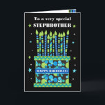 For Step Brother Birthday Cake with Candles Card<br><div class="desc">A bright birthday card for your stepbrother, with lots of patterned candles on a birthday cake. At the top of the front cover, the words, 'To a very special STEP BROTHER' are in a white lettering on the black background. There is a blue band around the cake with 'HAPPY BIRTHDAY!'...</div>