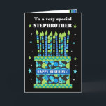 For Step Brother Birthday Cake with Candles Card<br><div class="desc">A bright birthday card for your stepbrother, with lots of patterned candles on a birthday cake. At the top of the front cover, the words, 'To a very special STEP BROTHER' are in a white lettering on the black background. There is a blue band around the cake with 'HAPPY BIRTHDAY!'...</div>