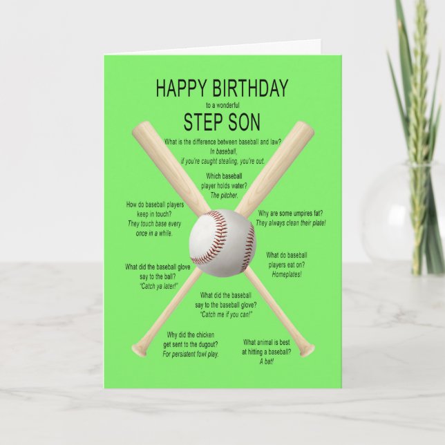 For step son, birthday baseball jokes card (Front)
