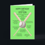 For step son, birthday baseball jokes card<br><div class="desc">For a step-son,  birthday card. A fun card showing a baseball and bats with lots of really bad baseball jokes. A card for the sportsman with a sense of humour. See the whole range of ages and relationships in my store.</div>