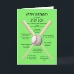 For step son, birthday baseball jokes card<br><div class="desc">For a step-son,  birthday card. A fun card showing a baseball and bats with lots of really bad baseball jokes. A card for the sportsman with a sense of humour. See the whole range of ages and relationships in my store.</div>