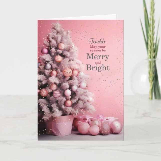 for Teacher Merry and Bright Pink Christmas Holiday Card (Front)