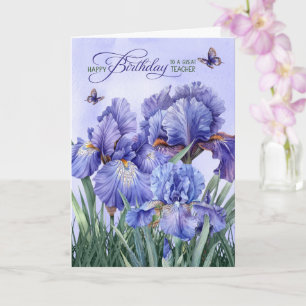 for Teacher Purple Iris with Butterflies Birthday Card