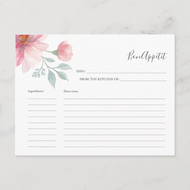 For the Bride Recipe Card Pink Watercolor Flowers (Front)