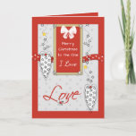 For the one I Love at Christmas Holiday Card<br><div class="desc">Personalize this Christmas Card for the One you Love,  red and grey with hearts,  stars and a white bow. Say something romantic,  to show how special they are</div>