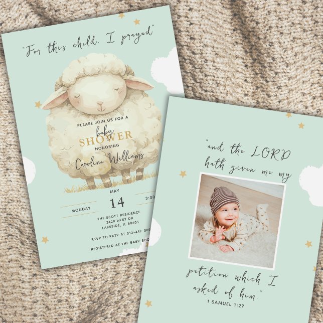 For This Child I Prayed Photo Green Lamb Religious Invitation (Personalize with a sonogram or newborn picture.)