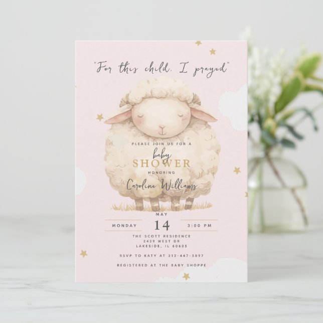 For This Child I Prayed Religious Pink Lamb Girl Invitation (Standing Front)
