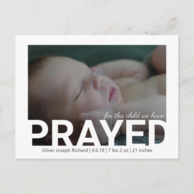 For This Child We Have Prayed Birth Announcement Postcard (Front)