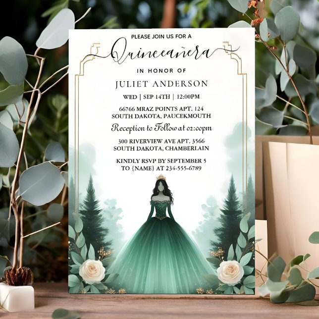 For Trees Gold Mint Glam Emerald Green Quinceanera Invitation (Creator Uploaded)
