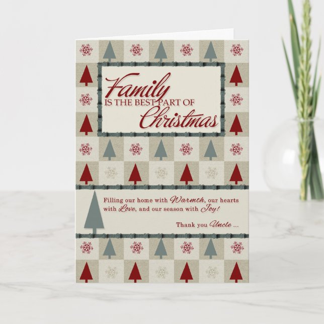 For Uncle Christmas Trees in Green and Burgundy Ho Holiday Card (Front)