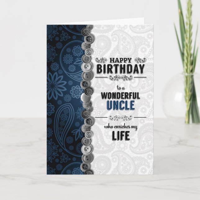 for Uncle's Birthday Blue Paisley with Buttons Card (Front)
