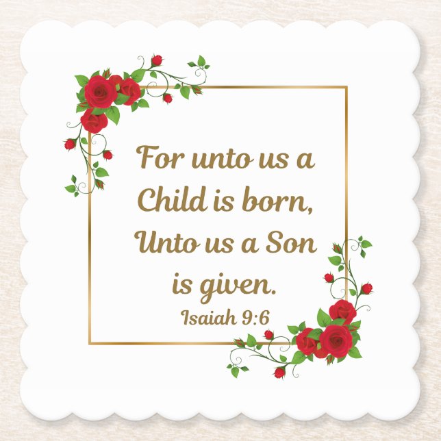 “For unto us a Child is born" Square Scalloped  Paper Coaster (Front)