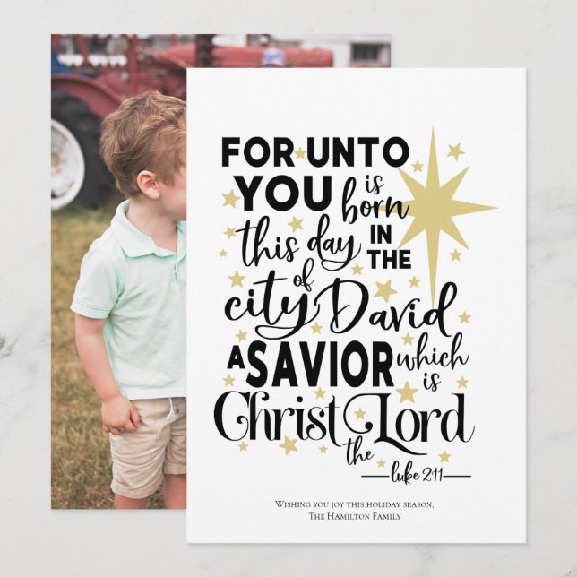 For Unto You is Born This Christmas Photo  Holiday Card (Front/Back)