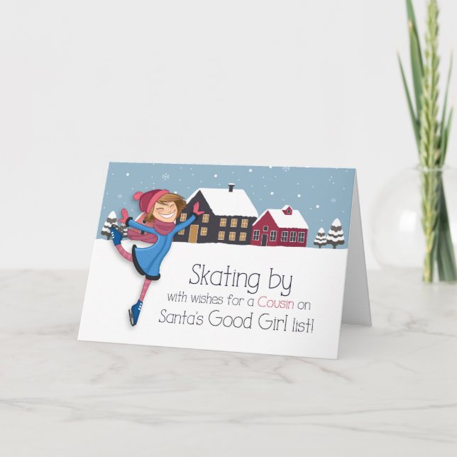 for Young Female Cousin Winter Ice Skater Holiday Card (Front)