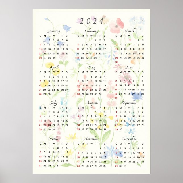 foral 2024 calender watercolor poster (Front)