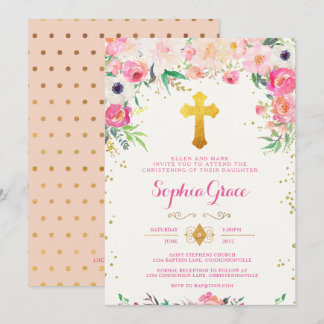 Foral et Gold Cross Christening Invitation