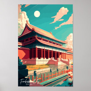 Forbidden City China vintage travel illustration Poster