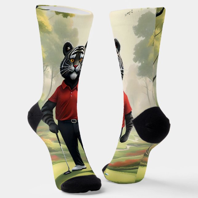 "Fore! A Black Tiger Playing Golf in the Woods" Socks (Angled)