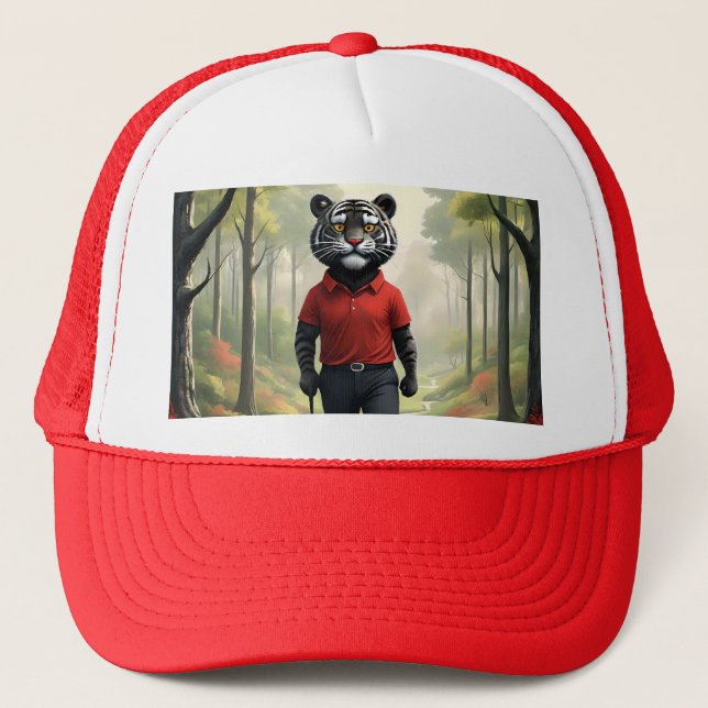 "Fore! A Black Tiger Playing Golf in the Woods" Trucker Hat (Front)