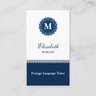 Foreign Language Tutor Elegant Blue Lace Monogram Business Card