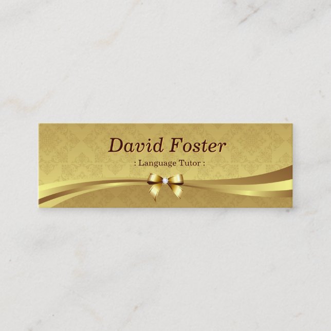 Foreign Language Tutor - Shiny Gold Damask Mini Business Card (Front)