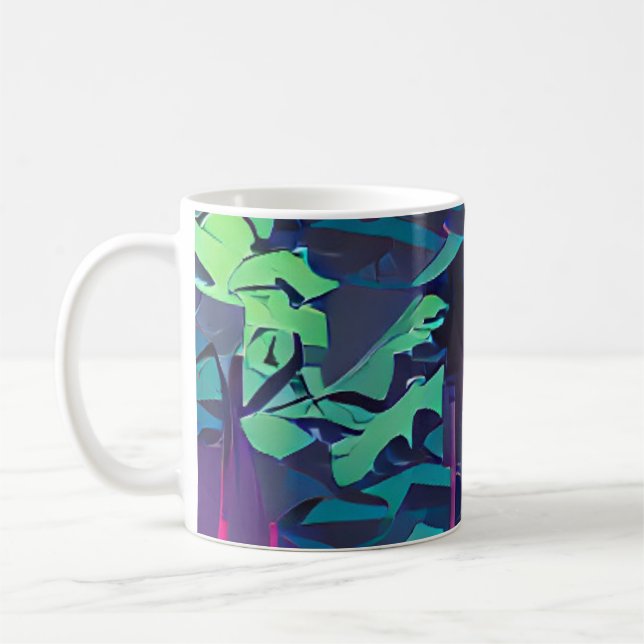 Forest abstract graphic art pink and green coffee mug (Left)