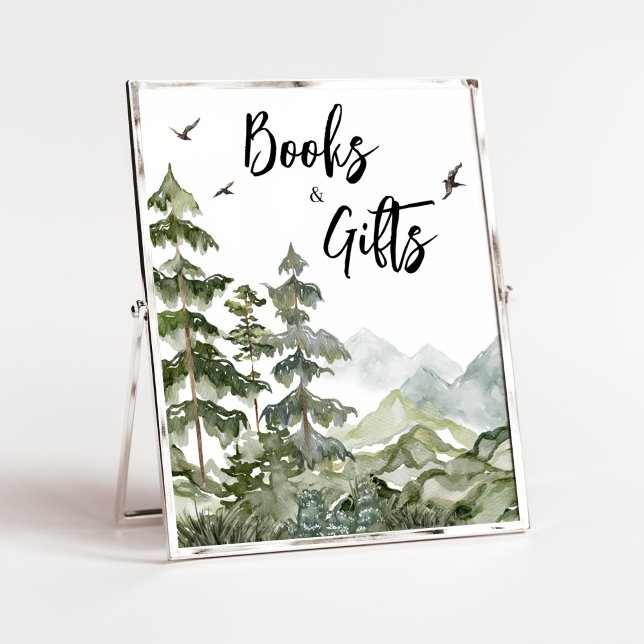 Forest Adventure Baby Shower Books and Gifts Poster (Boy Woodland Baby Shower Books and Gifts Sign)