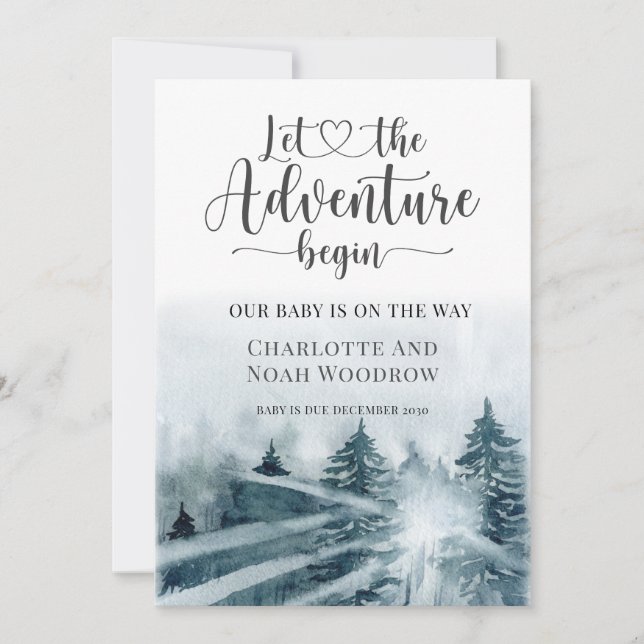 Forest Adventure Blue Green Watercolor  Announcement (Front)