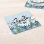 Forest Adventure Mountains Blue Baby Shower  Square Paper Coaster<br><div class="desc">Let the adventure begin walking watercolor rustic forest adventure,  blue baby shower drink coasters,  with calligraphy script typography. Rustic and trendy style. See the full collection of products for this design at: https://www.zazzle.com/collections/forest_adventure_baby_shower-119311648144421112</div>