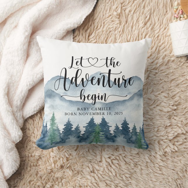 Forest Adventure Watercolor Mountains Baby Nursery Throw Pillow (Blanket)