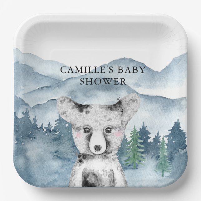 Forest Adventure Watercolor Mountains Baby Shower Paper Plate (Front)