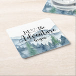 Forest Adventure Watercolor Mountains Baby Shower Square Paper Coaster<br><div class="desc">Let the adventure begin walking watercolor rustic forest adventure baby shower drink coasters,  with calligraphy script typography. Rustic and trendy style. See the full collection of products for this design at: https://www.zazzle.com/collections/forest_adventure_baby_shower-119311648144421112</div>