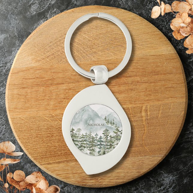 Forest and Mountain Nature Watercolor Keychain (Close up)