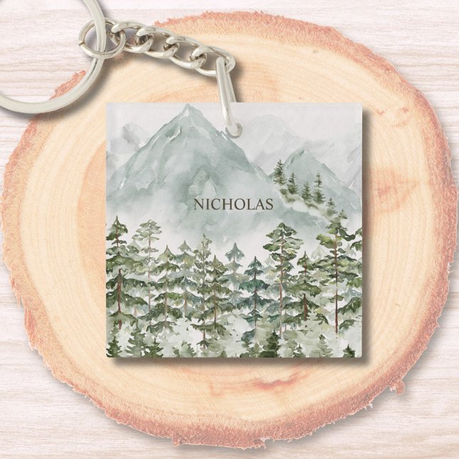 Forest and Mountain Nature Watercolor Keychain (Close up)