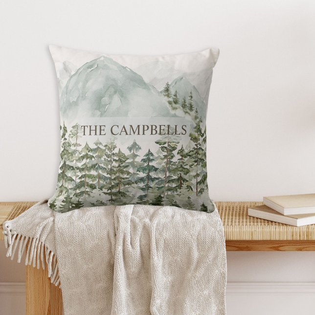 Forest and Mountain Nature Watercolor Outdoor Pillow (In situ)