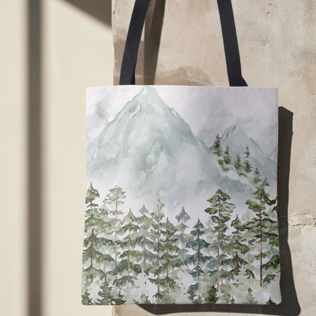 Forest and Mountain Nature Watercolor Tote Bag (Close up)