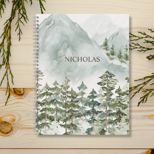 Forest and Mountain Rustic Watercolor Notebook (Close up)