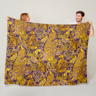 FOREST ANIMAL,FOX,PEACOCK, HARE GOLD PURPLE FLORAL FLEECE BLANKET