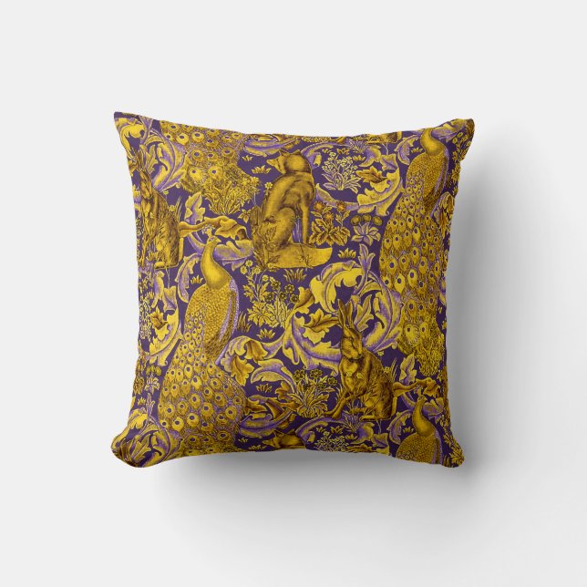 FOREST ANIMAL,FOX,PEACOCK, HARE GOLD PURPLE FLORAL THROW PILLOW (Front)
