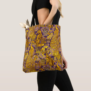 FOREST ANIMAL,FOX,PEACOCK, HARE GOLD PURPLE FLORAL TOTE BAG