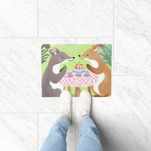 Forest Animal Picnic   Whimsical Cute Watercolor Doormat