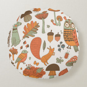 Forest Animals: Autumn Colourful Background. Round Pillow